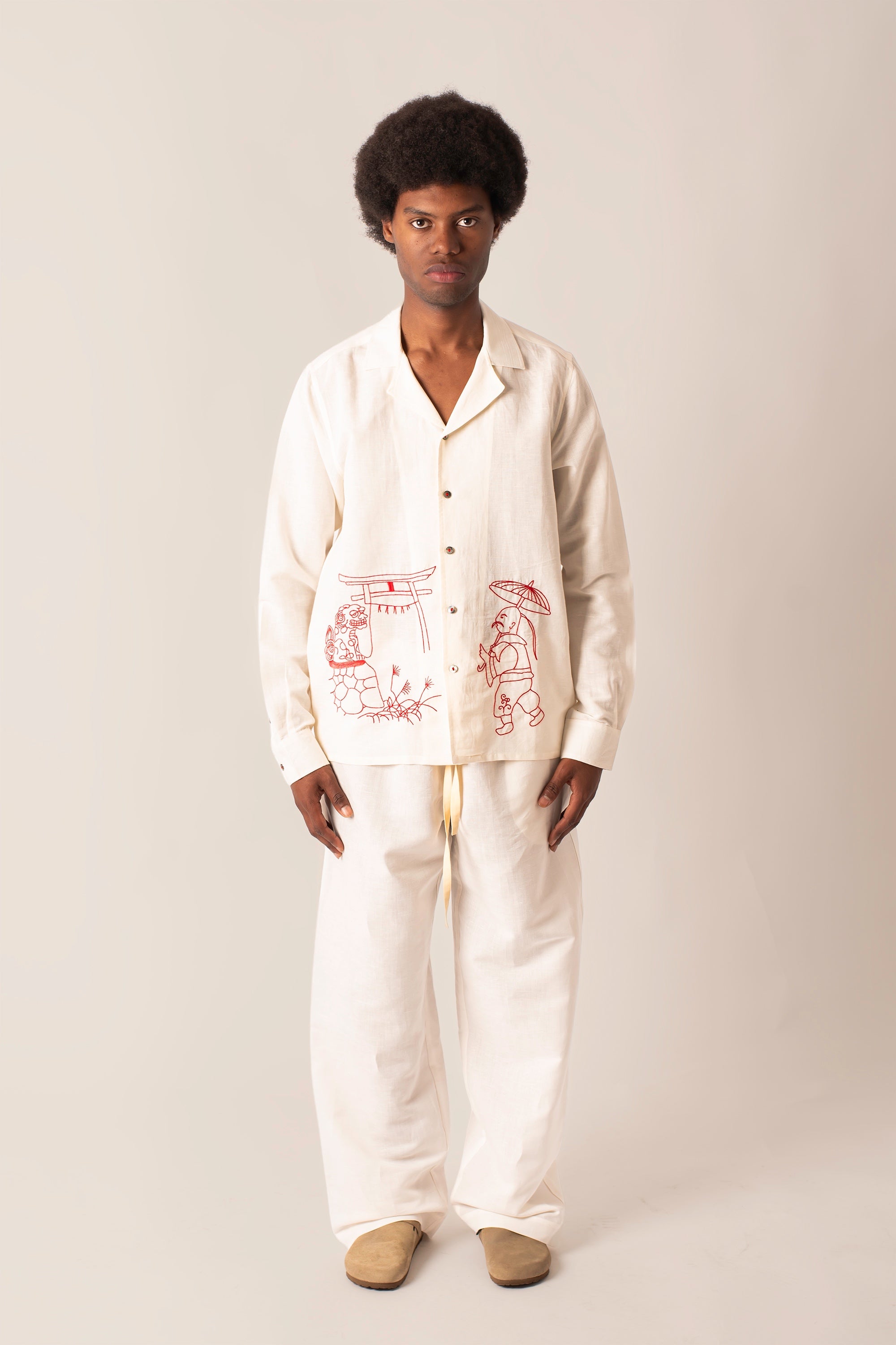 Camicia in 100% Lino con ricamo Japan Temple
