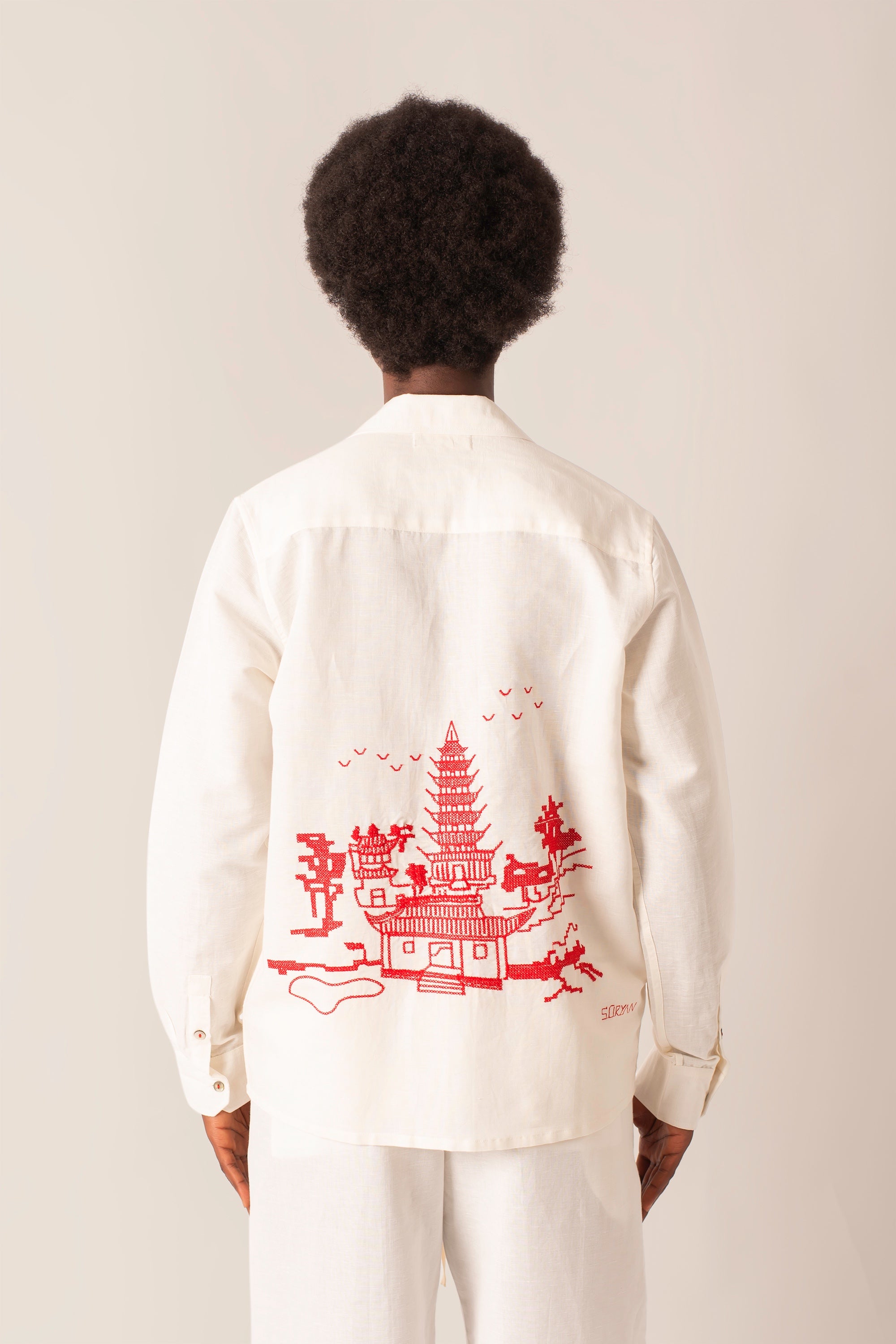 Camicia in 100% Lino con ricamo Japan Temple