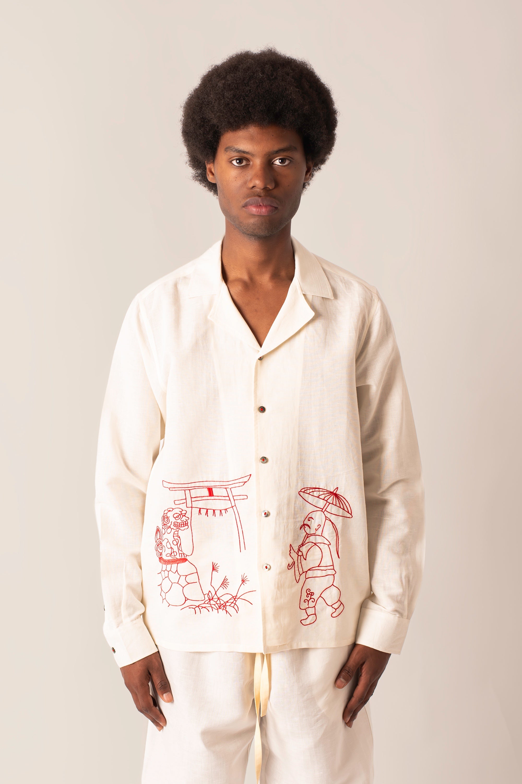Camicia in 100% Lino con ricamo Japan Temple